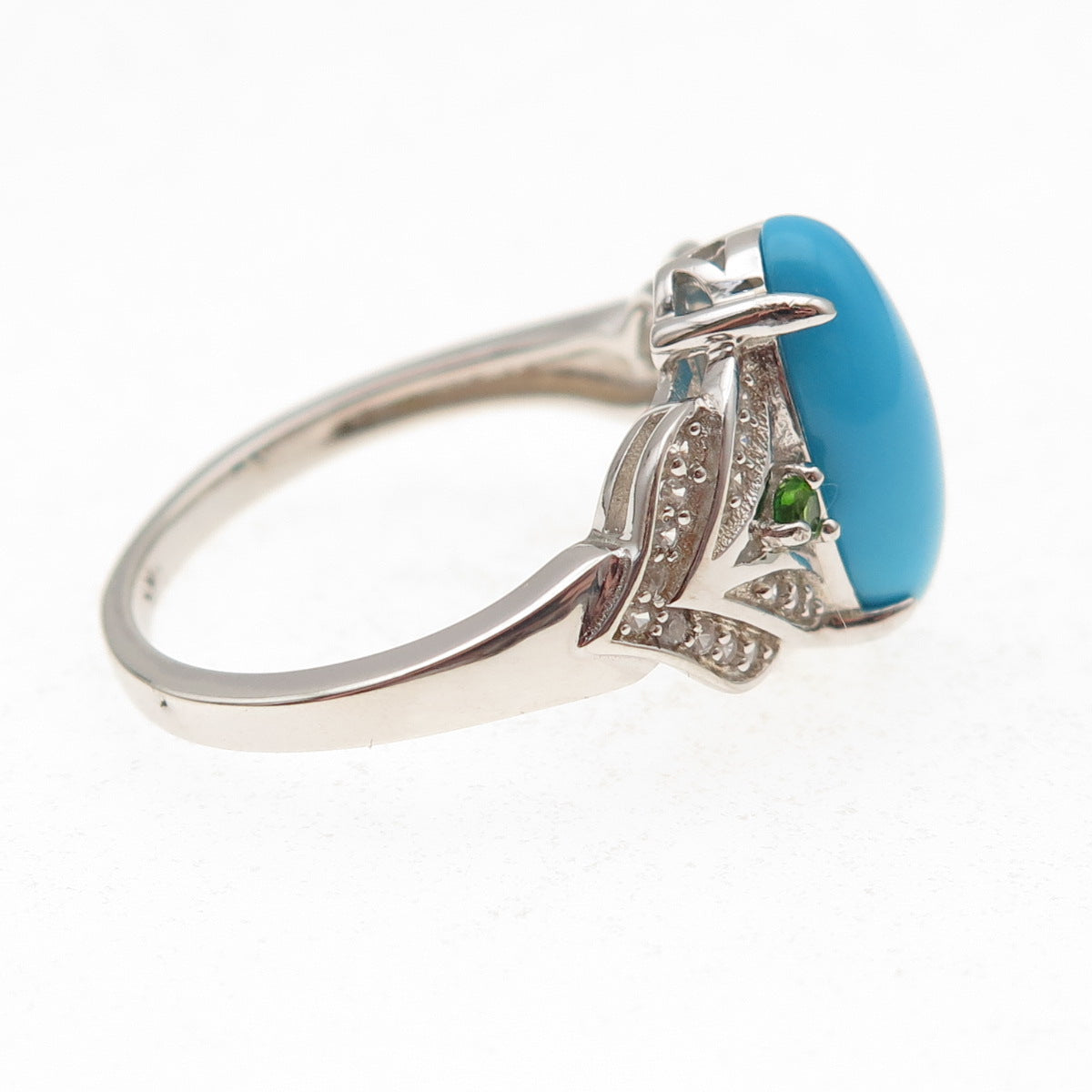 925 Sterling Real Sleeping Beauty Turquoise White Topaz & Peridot Ring Size 8.25