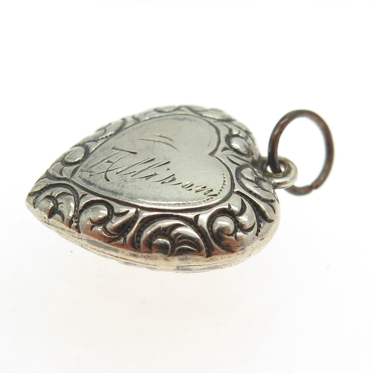 925 Sterling Silver Antique Art Deco Repousse Heart Chatelaine Charm Pendant