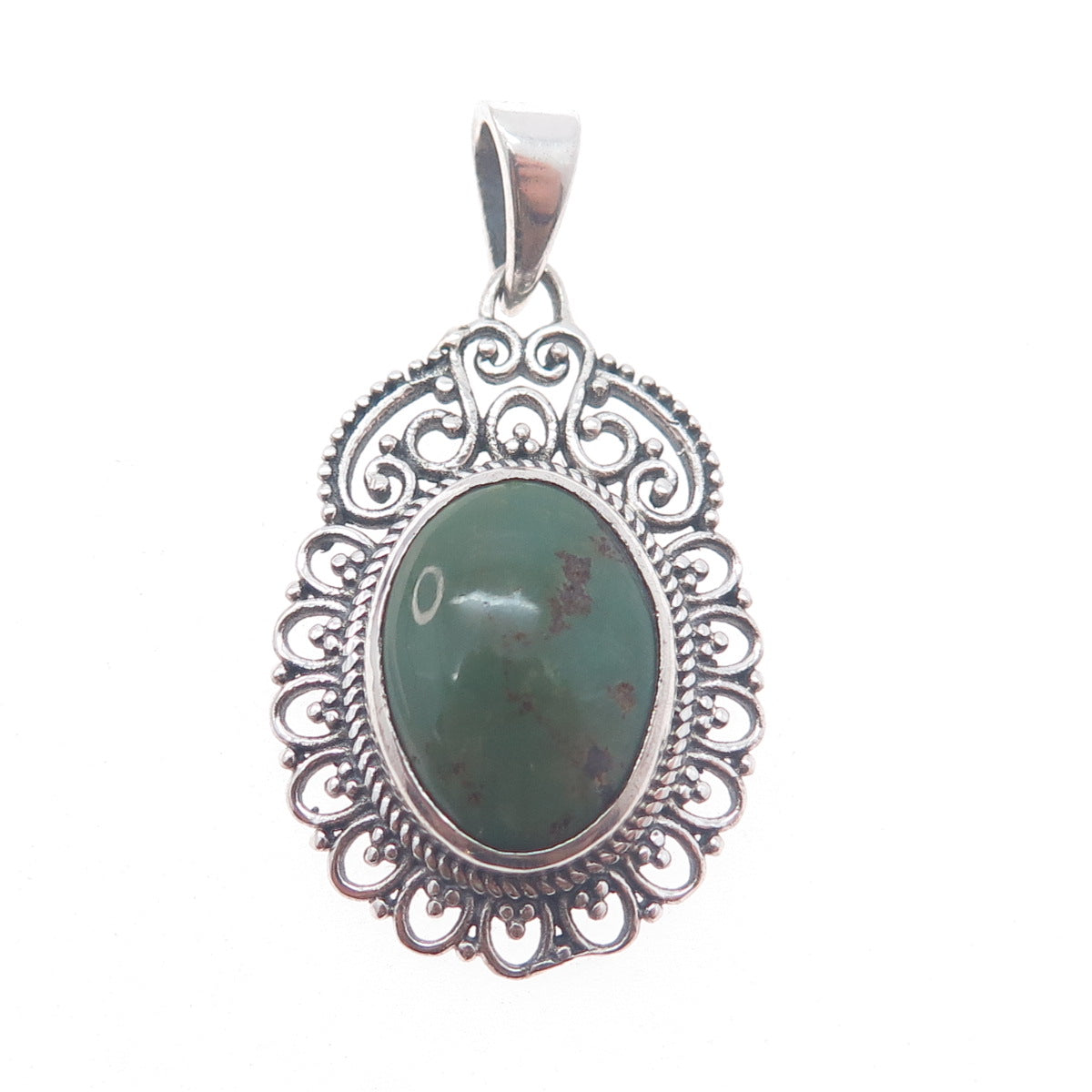 925 Sterling Silver Vintage Real Royston Turquoise Ornate Charm Pendant