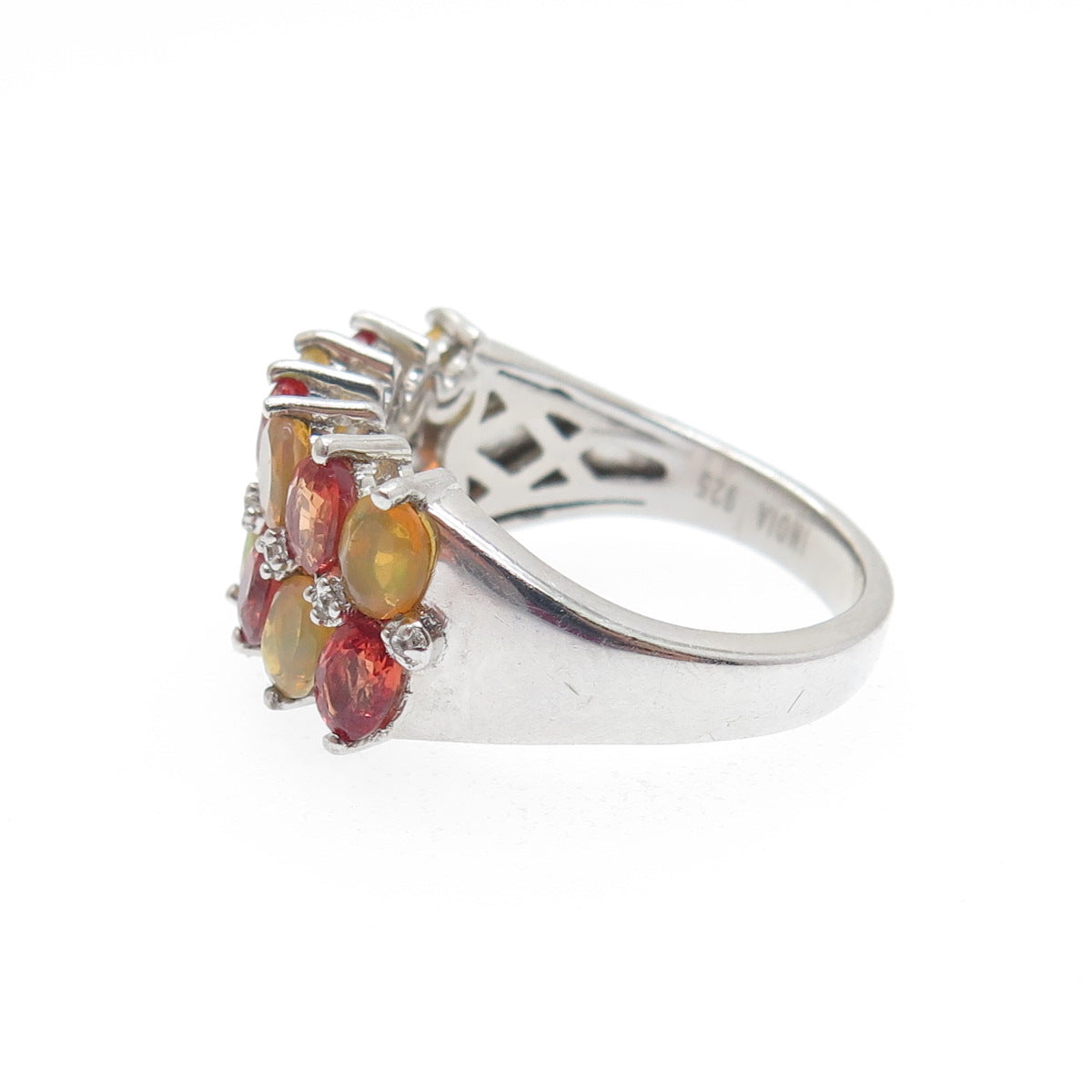 925 Sterling Silver Real Fire Sapphire Opal & White Topaz Cluster Ring Size 6