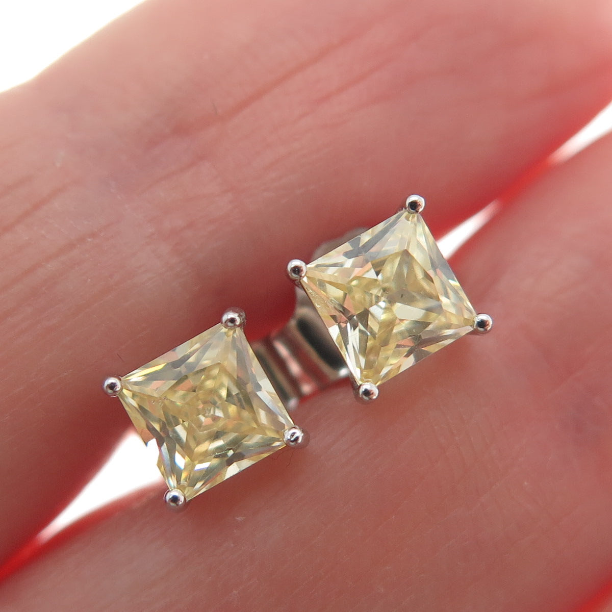 925 Sterling Silver Princess-Cut Canary C Z Stud Earrings