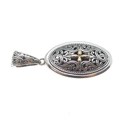 925 Sterling Silver 18K Gold Vintage Ornate Cross Oxidized Charm Pendant