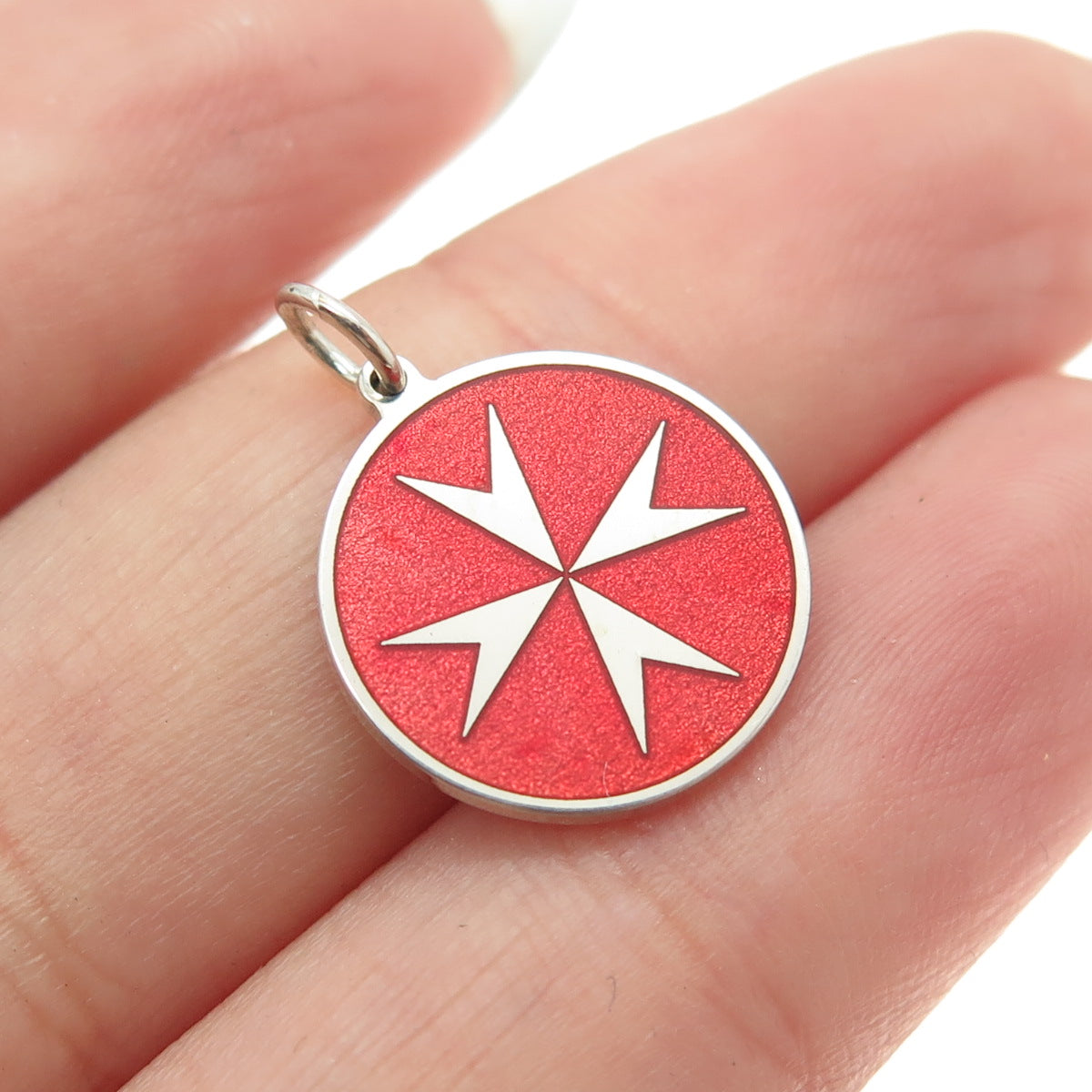 925 Sterling Silver Red Enamel Maltese Cross Round Tag Minimalist Charm Pendant