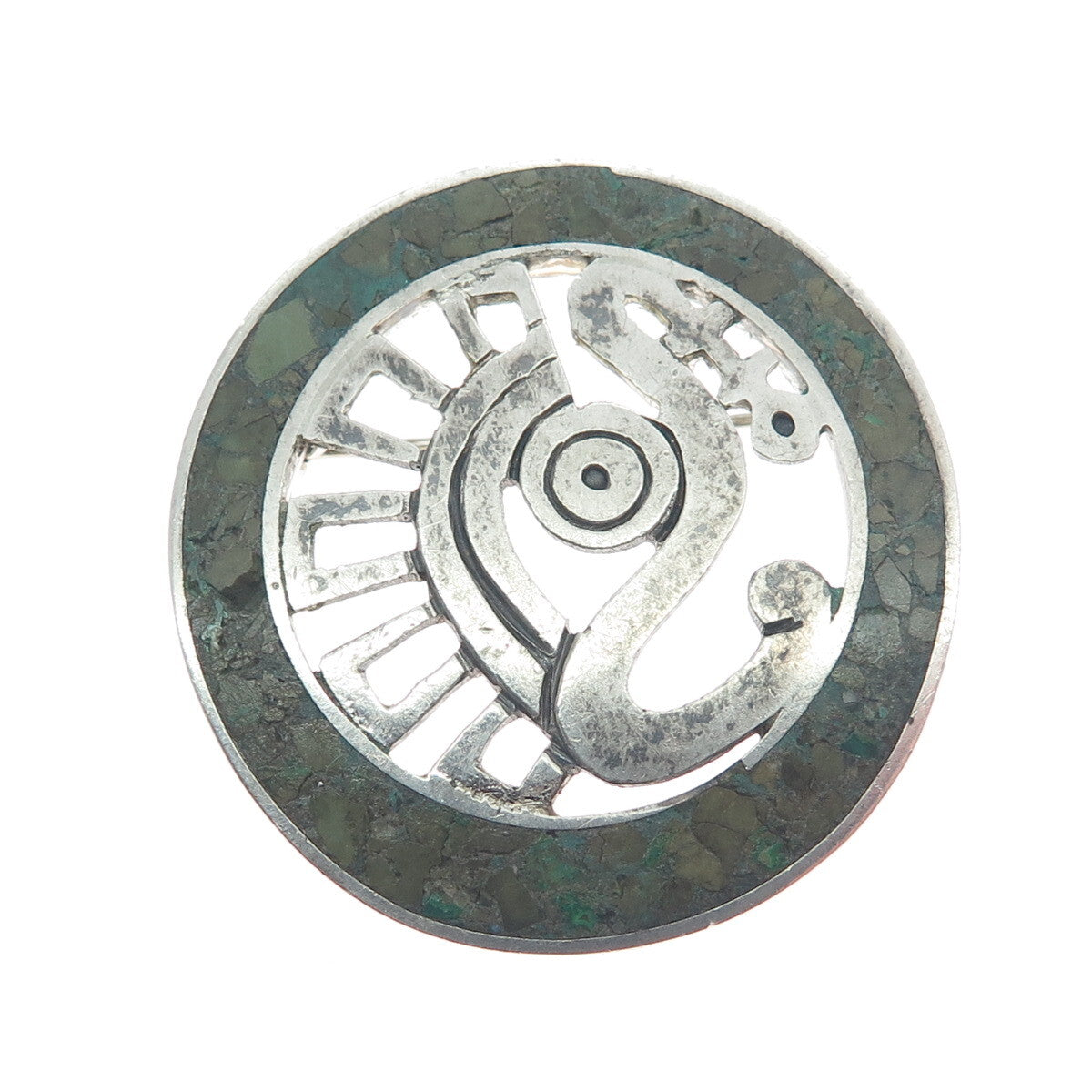 MIGUEL MELENDEZ Sterling Vintage Mexico Turquoise Mayan Symbol Tribal Brooch