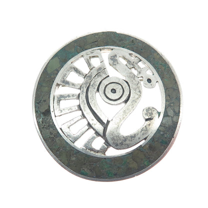 MIGUEL MELENDEZ Sterling Vintage Mexico Turquoise Mayan Symbol Tribal Brooch