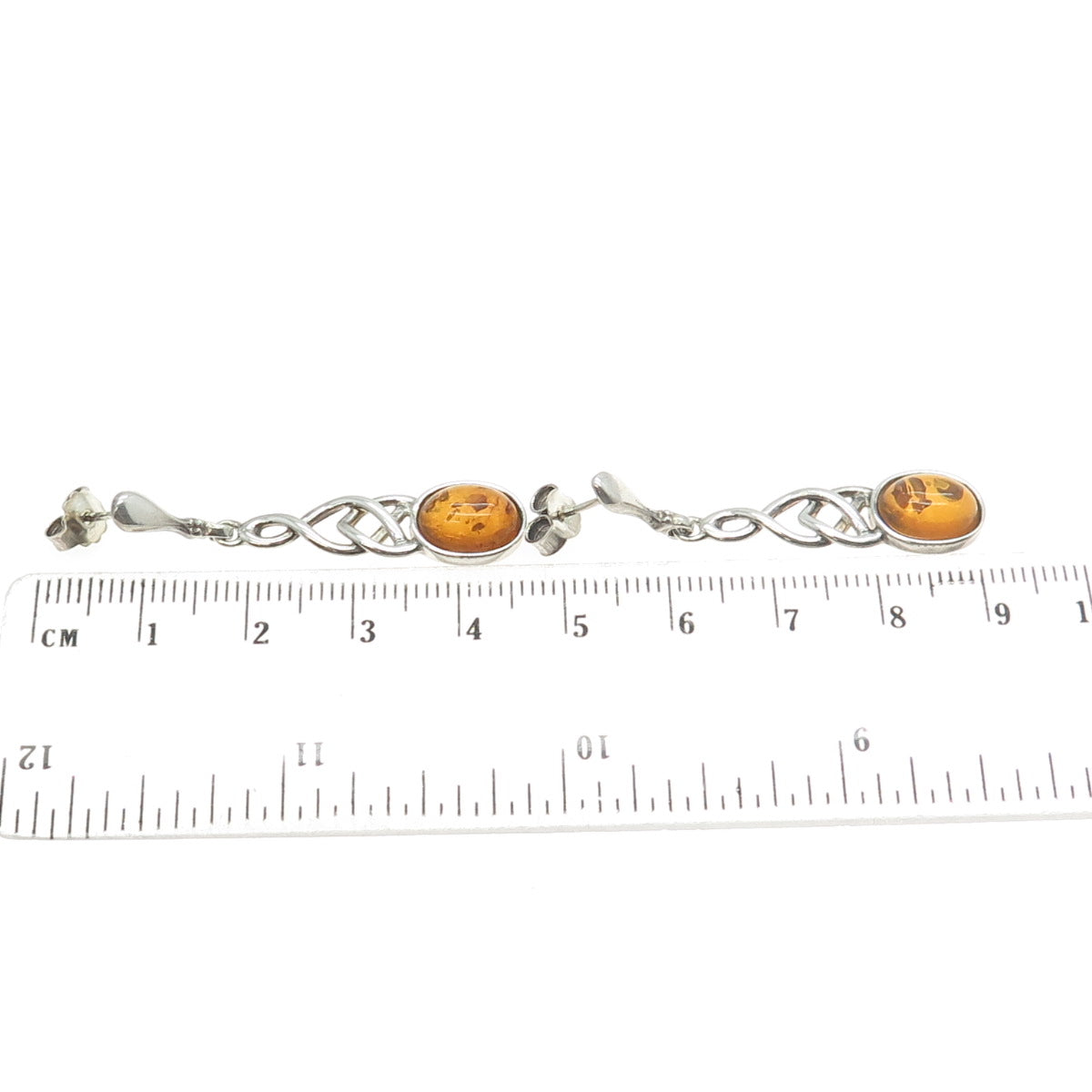 925 Sterling Silver Vintage Real Amber Celtic Trinity & Infinity Knot Earrings