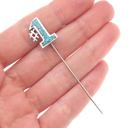 Old Pawn 925 Sterling Silver Vintage Turquoise Inlay Number 1 Tribal Lapel Pin