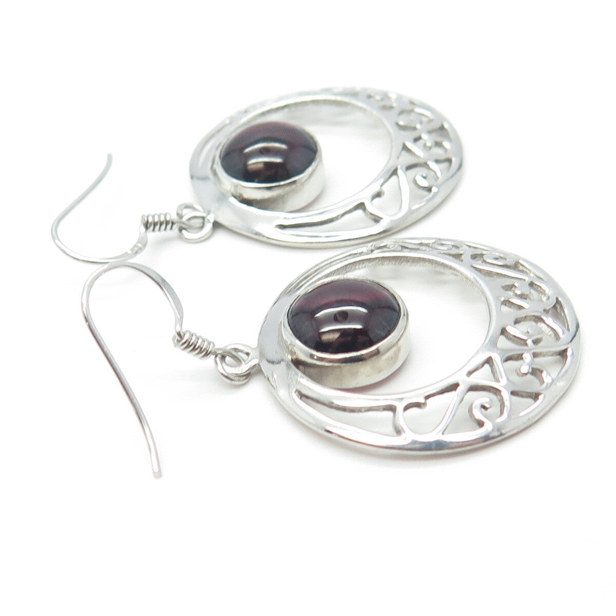 925 Sterling Silver Vintage Real Tourmaline Gemstone Ornate Hook Earrings