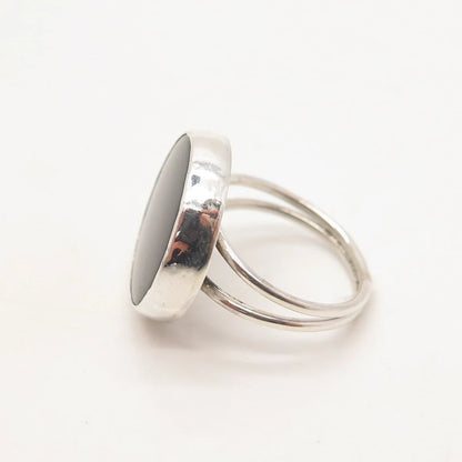 925 Sterling Silver Vintage Real Black Onyx Gem Round Signet Ring 6
