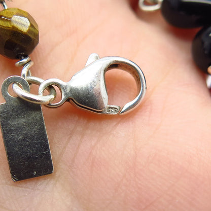 925 Sterling Silver Vintage Real Tiger Eye & Black Onyx Gem Bead Bracelet 7.25"