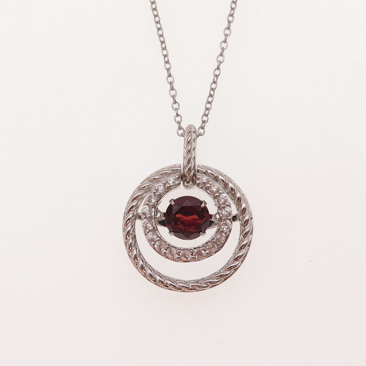 Joseph Schmid Sterling Silver Real Garnet & White Topaz Cable Chain Necklace 18"