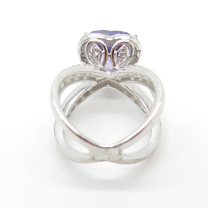 925 Sterling Silver Real White Topaz & Amethyst Gemstone Heart Ring Size 6.25