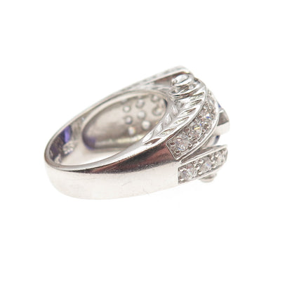 925 Sterling Silver Purple & White C Z Overlap Ring Size 7.25