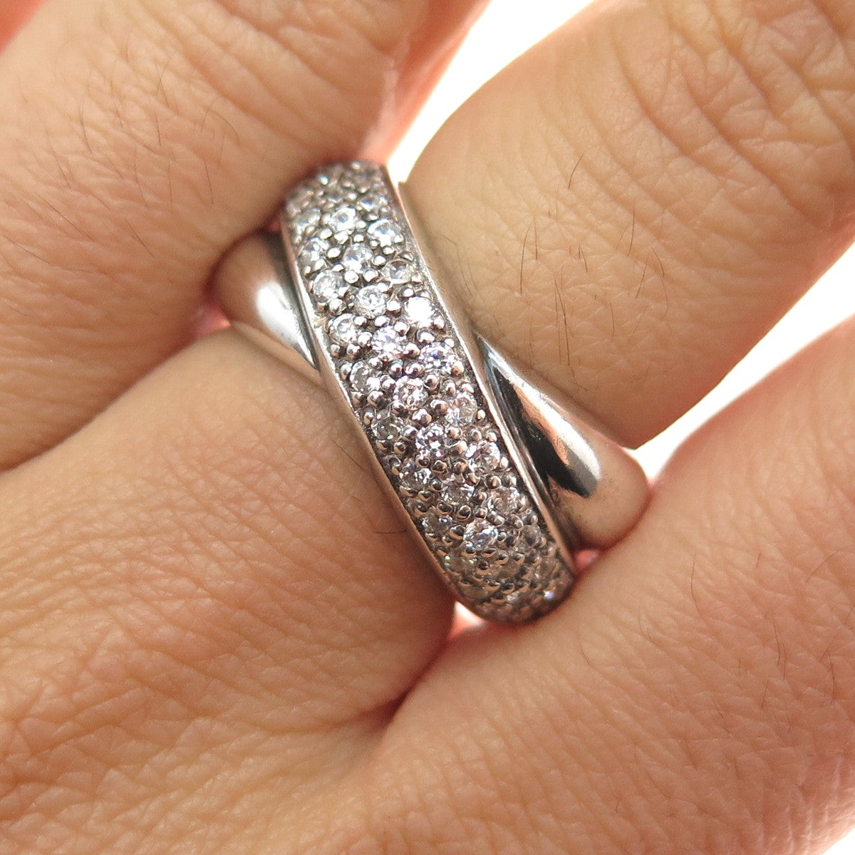 925 Sterling Silver Vintage Round-Cut C Z Crisscross Ring Size 6.75