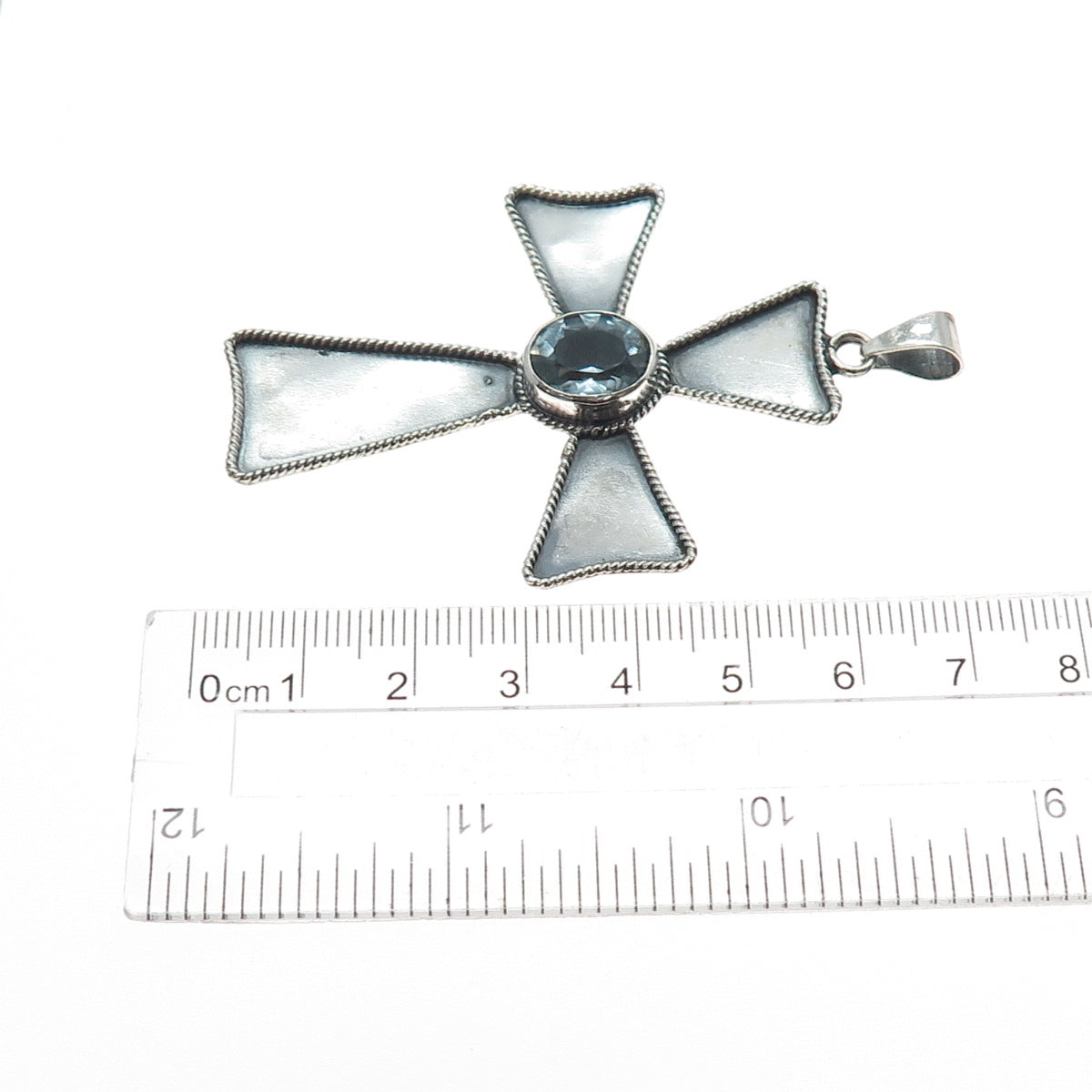 925 Sterling Silver Vintage Real Oval-Cut Blue Topaz Cross Oxidized Pendant