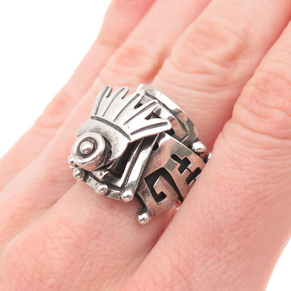 925 Sterling Silver Vintage Mayan Tribal Oxidized Adjustable Ring Size 8.75