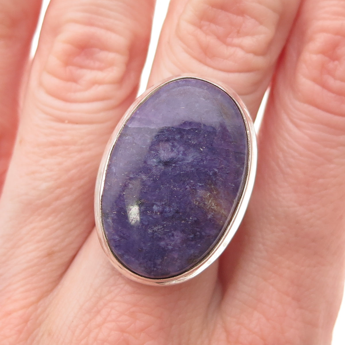 925 Sterling Silver Vintage Real Oval-Cut Lepidolite Ring Size 8
