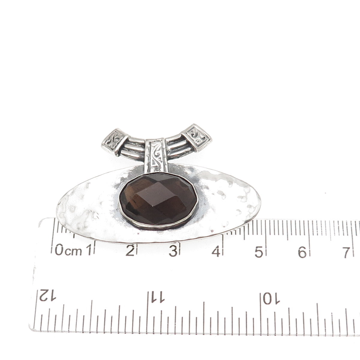 925 Sterling Silver Vintage Real Smoky Quartz Modernist Hammered Slide Pendant