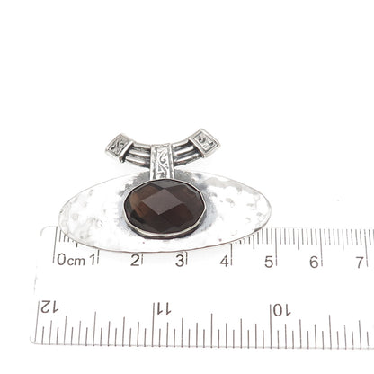 925 Sterling Silver Vintage Real Smoky Quartz Modernist Hammered Slide Pendant