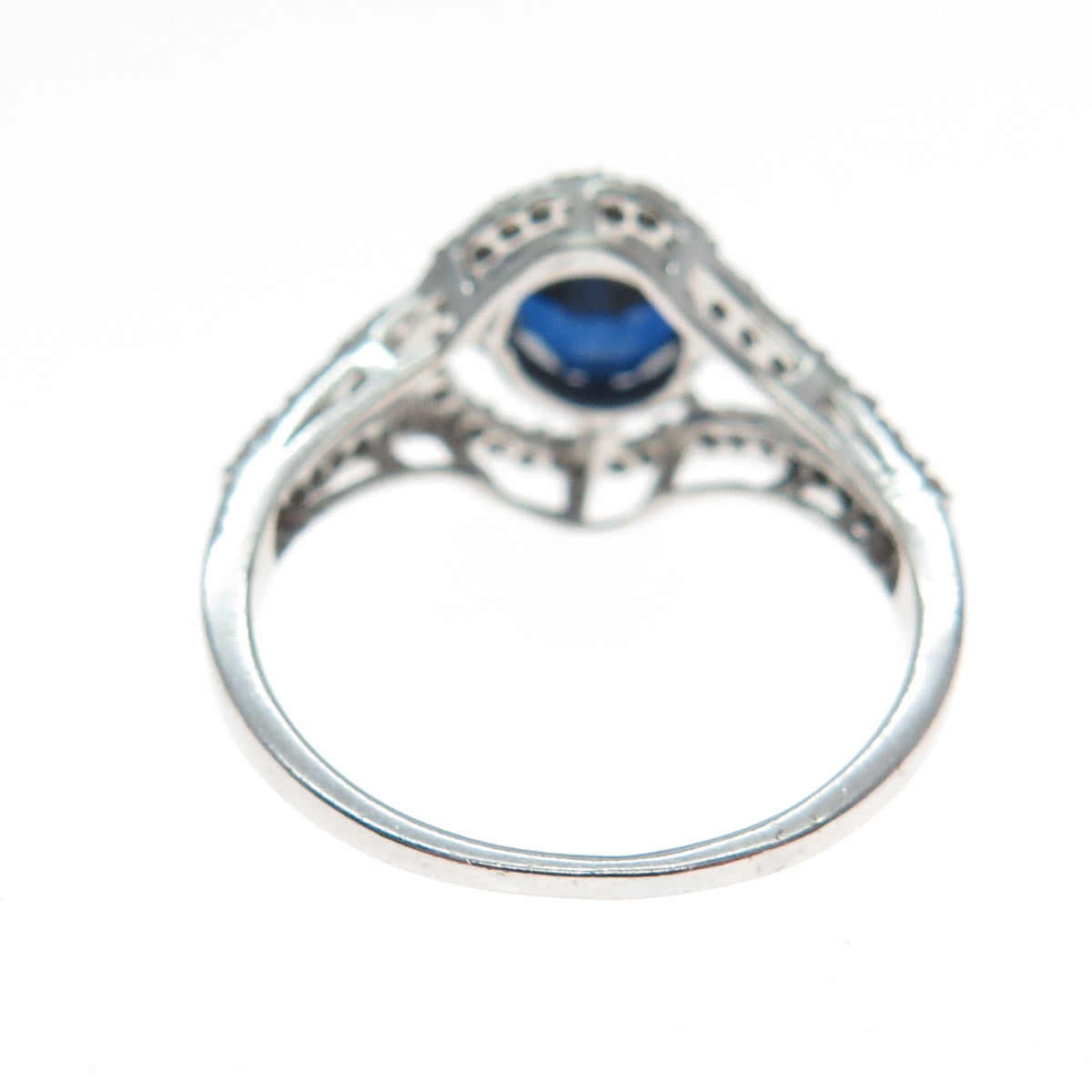 925 Sterling Silver Real Round-Cut Diamond Sapphire Hook & Eye Ring Size 7.75