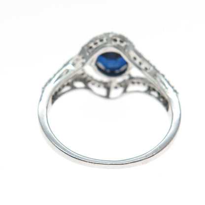 925 Sterling Silver Real Round-Cut Diamond Sapphire Hook & Eye Ring Size 7.75