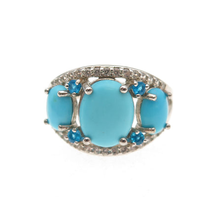 925 Sterling Silver Real Turquoise Apatite & White Topaz Ring Size 8