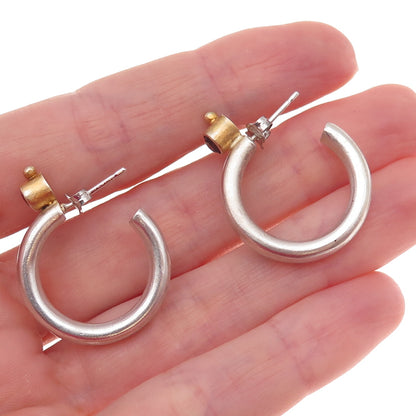 925 Sterling Silver 2-Tone Vintage Real Red Garnet Modernist Hoop Earrings