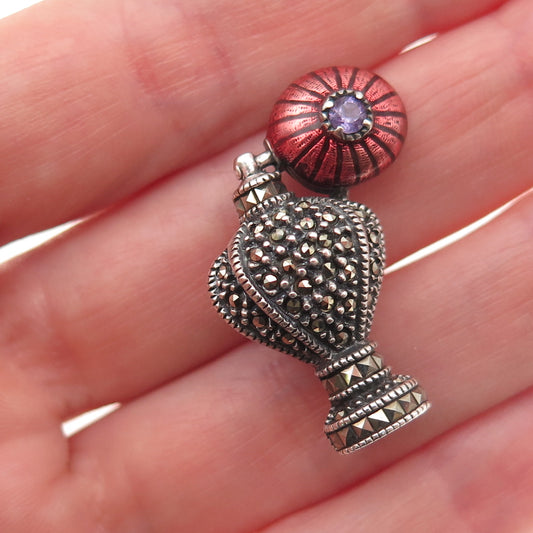 Judith Jack 925 Sterling Vintage Enamel Amethyst Marcasite Perfume Bottle Brooch