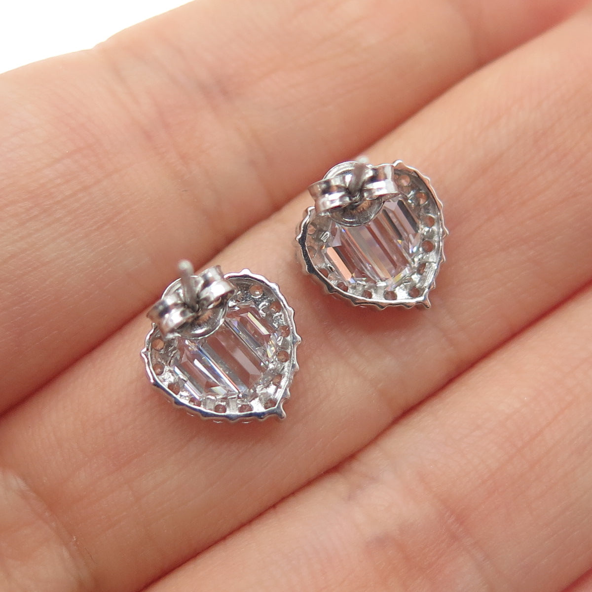 925 Sterling Silver Emerald & Round-Cut C Z Heart Stud Earrings