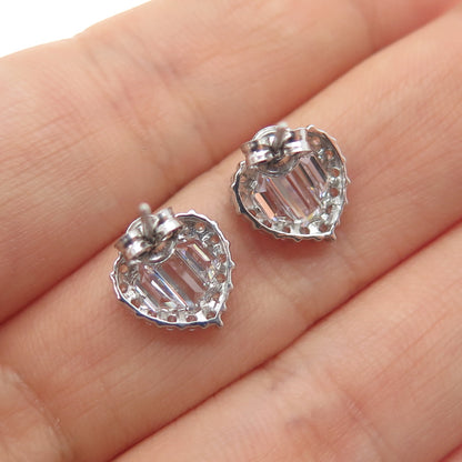 925 Sterling Silver Emerald & Round-Cut C Z Heart Stud Earrings