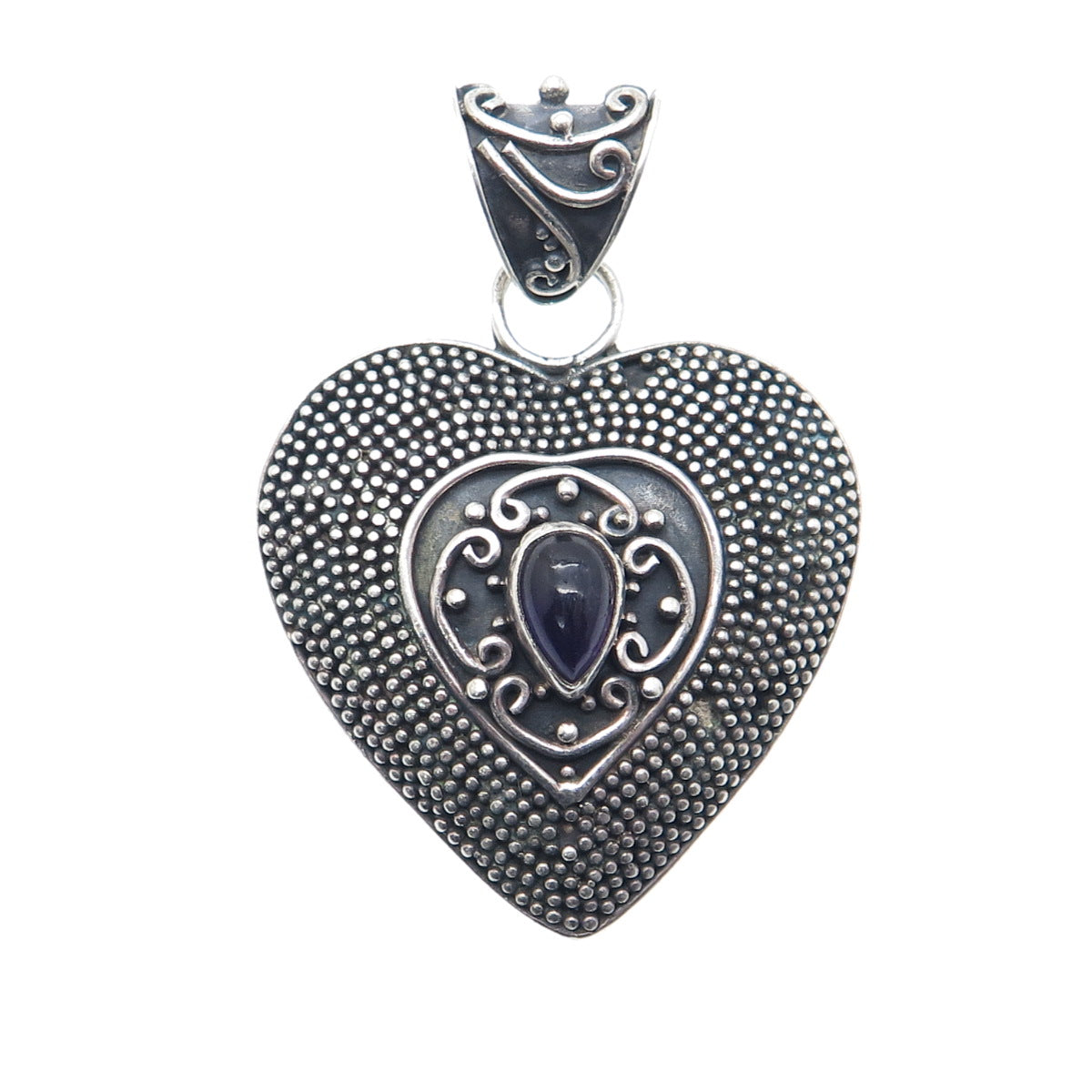 SUARTI BALI 925 Sterling Silver Vintage Real Amethyst Heart Oxidized Pendant