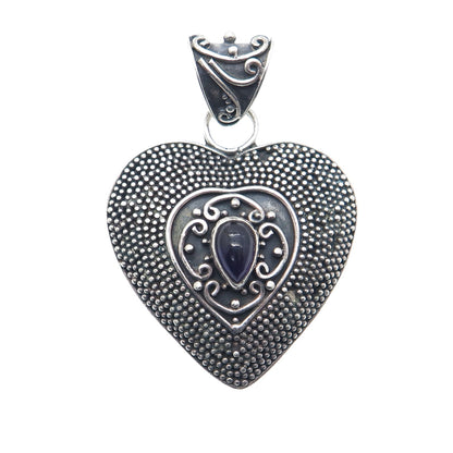 SUARTI BALI 925 Sterling Silver Vintage Real Amethyst Heart Oxidized Pendant