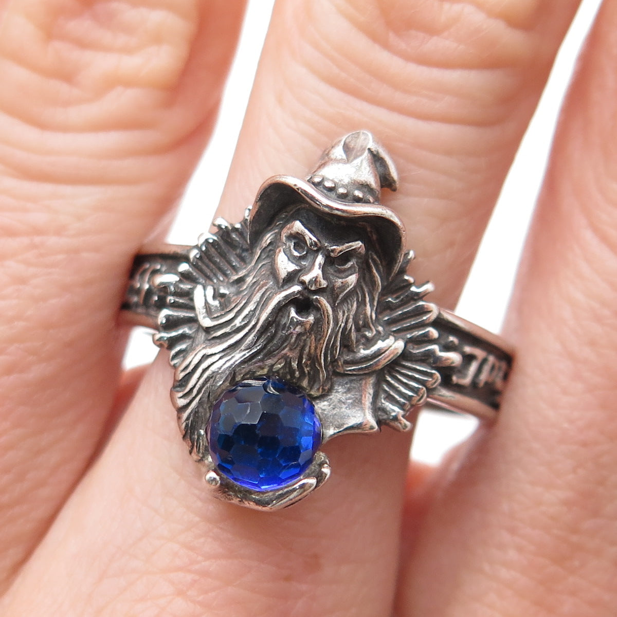 SHUBE 925 Sterling Silver Vintage Blue Glass Wizard Oxidized Ring Size 11.75