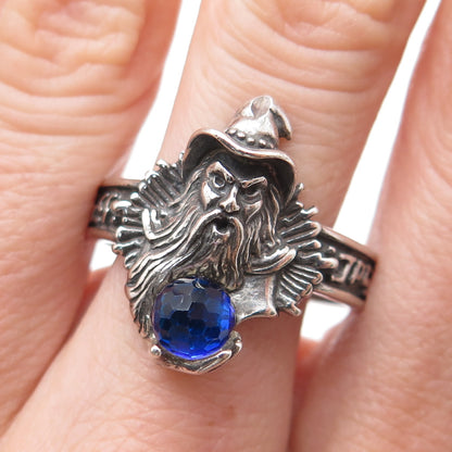 SHUBE 925 Sterling Silver Vintage Blue Glass Wizard Oxidized Ring Size 11.75