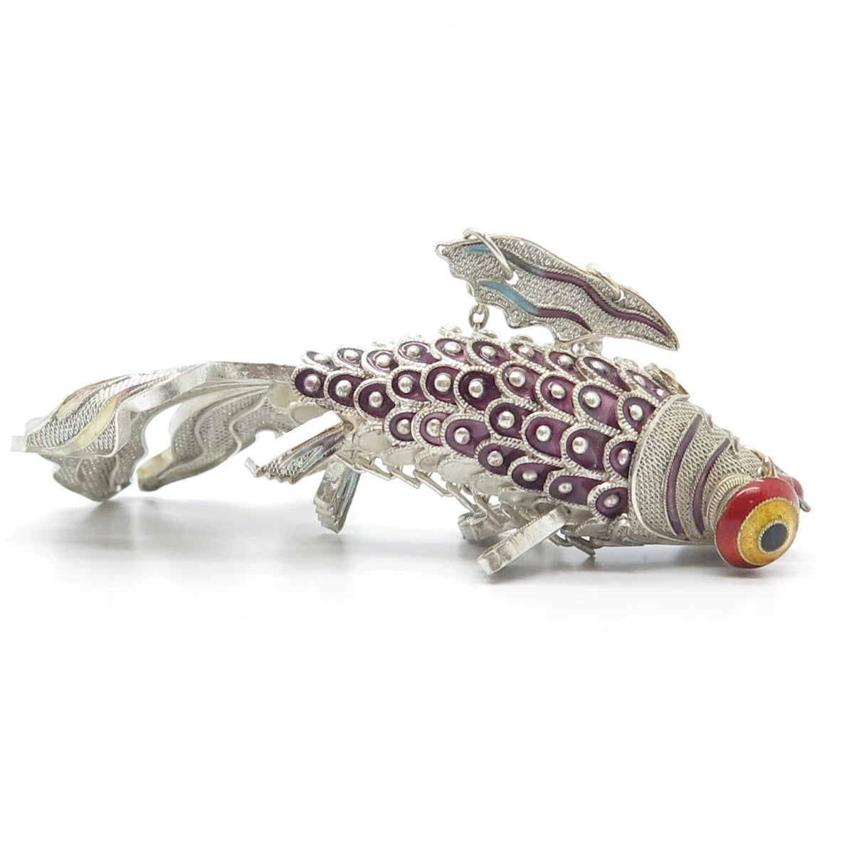 925 Sterling Silver Antique Enamel Chinese Koi Fish Chatelaine Fob