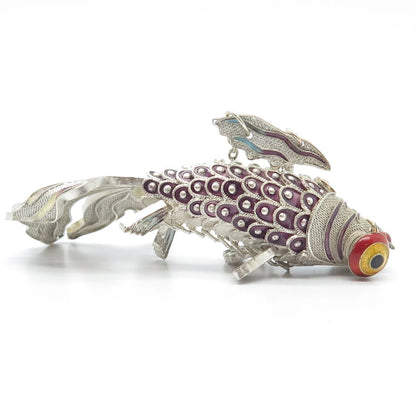 925 Sterling Silver Antique Enamel Chinese Koi Fish Chatelaine Fob