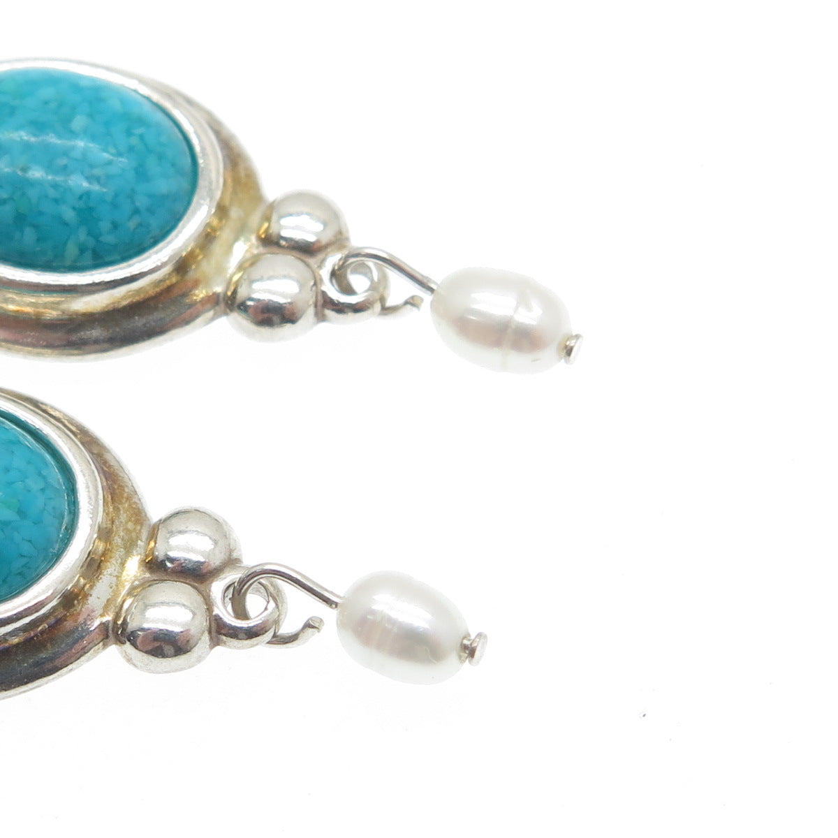 COLEMAN CO. Sterling Silver Vintage Real Turquoise Inlay & Pearl Jacket Earrings