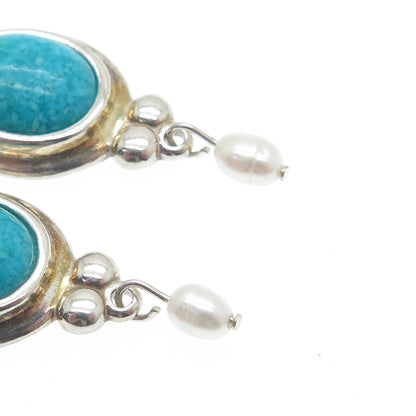 COLEMAN CO. Sterling Silver Vintage Real Turquoise Inlay & Pearl Jacket Earrings