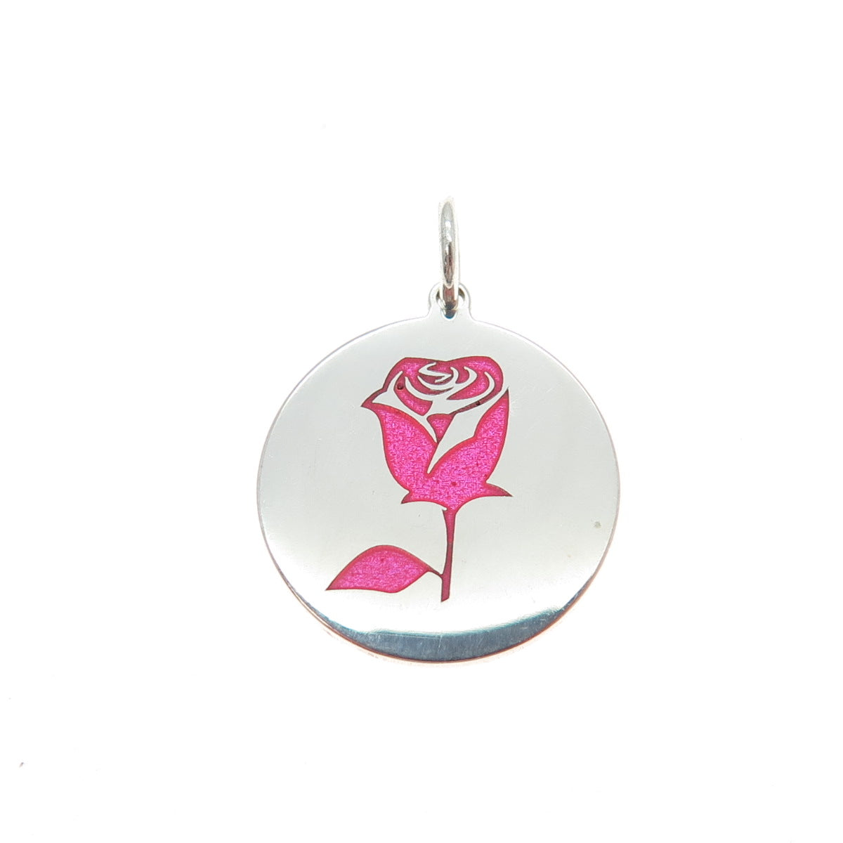 925 Sterling Silver Pink Enamel Belle Rose Round Tag Minimalist Charm Pendant