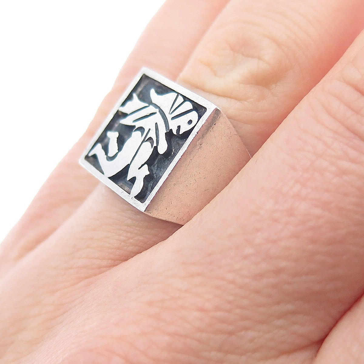 925 Sterling Silver Vintage Mexico Mayan Symbol Oxidized Signet Ring Size 7.25
