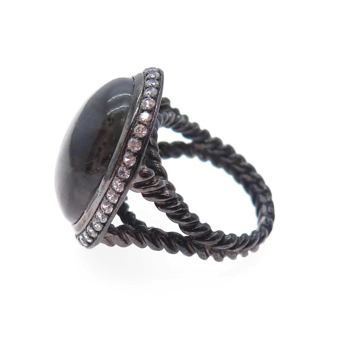925 Sterling Silver Black Rhodium Real Labradorite & C Z Ring Size 6.25