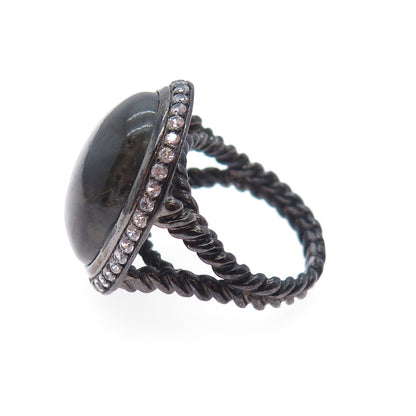 925 Sterling Silver Black Rhodium Real Labradorite & C Z Ring Size 6.25