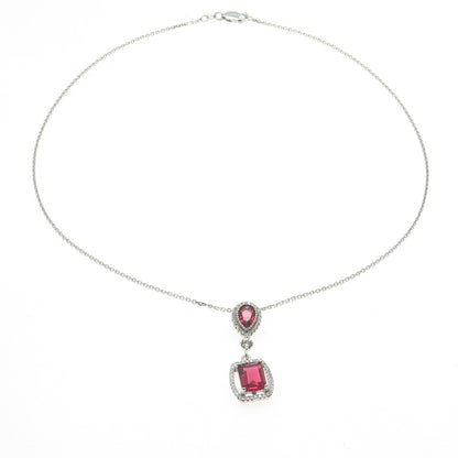 925 Sterling Silver White & Pink C Z Drop Cable Chain Necklace 16"