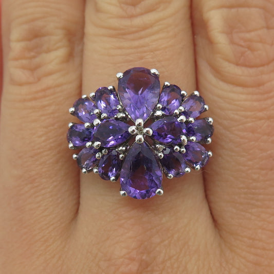 925 Sterling Silver Real Pear & Oval-Cut Amethyst Flower Ring Size 7