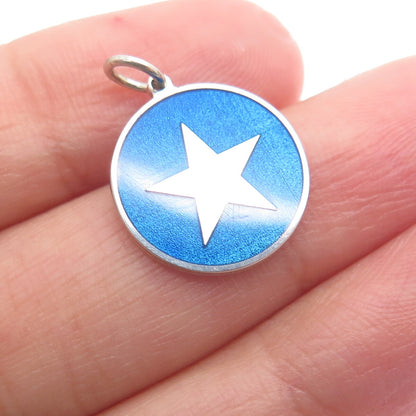 925 Sterling Silver Blue Enamel Star Round Tag Minimalist Charm Pendant