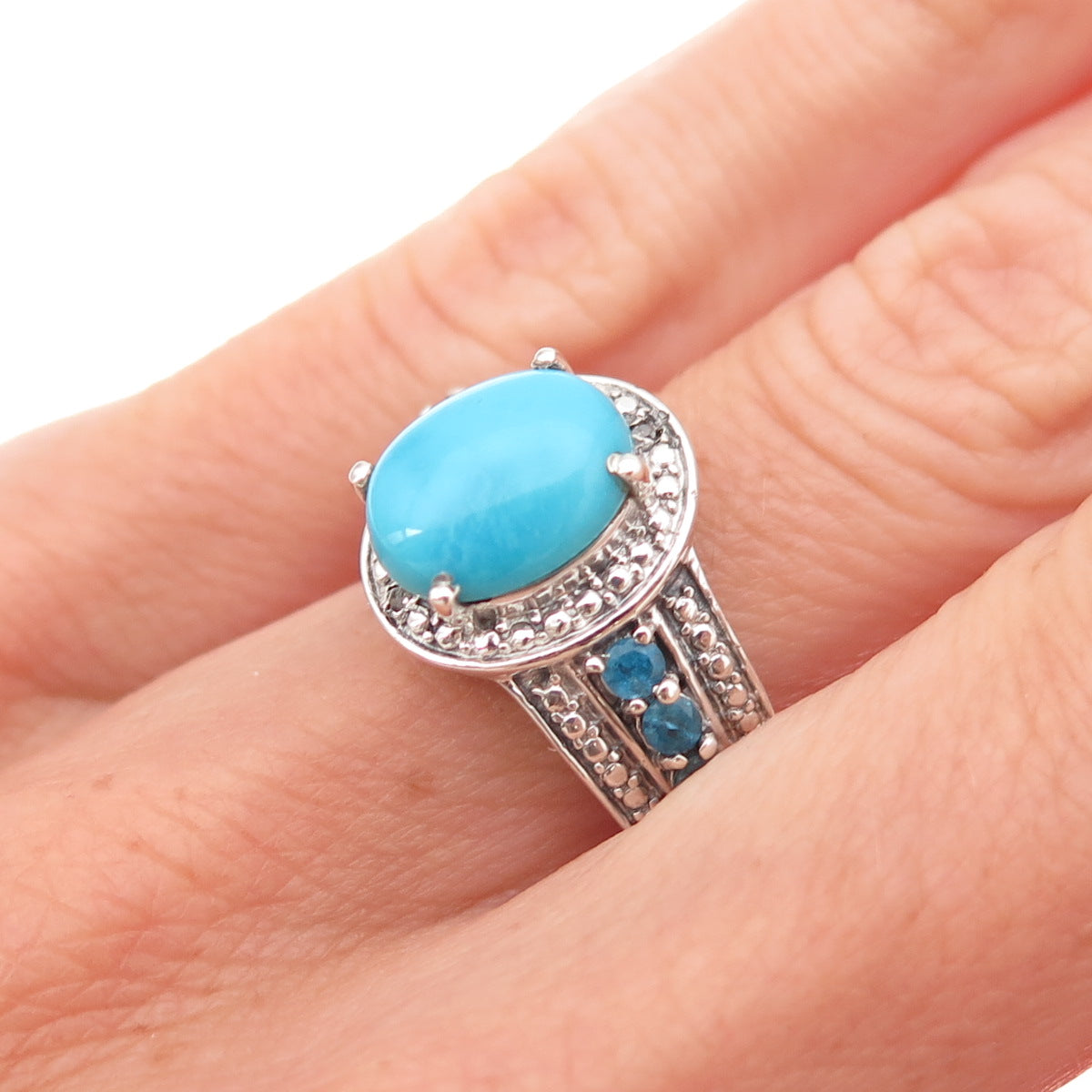 Chuck Clemency Sterling Silver Real Diamond Turquoise & Apatite Ring Size 5.75