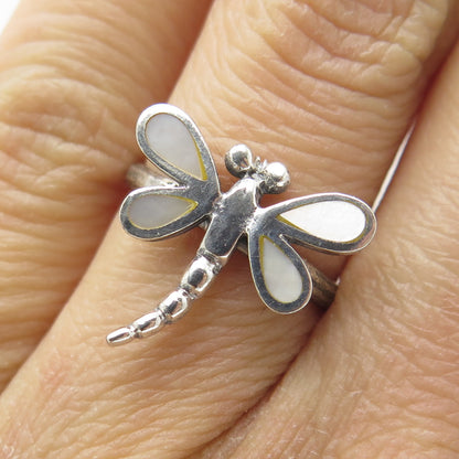 925 Sterling Silver Vintage Real Mother-of-Pearl Dragonfly Ring Size 5.75