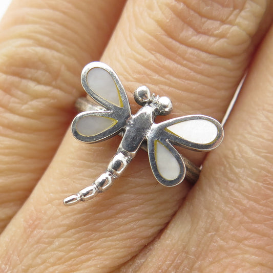 925 Sterling Silver Vintage Real Mother-of-Pearl Dragonfly Ring Size 5.75