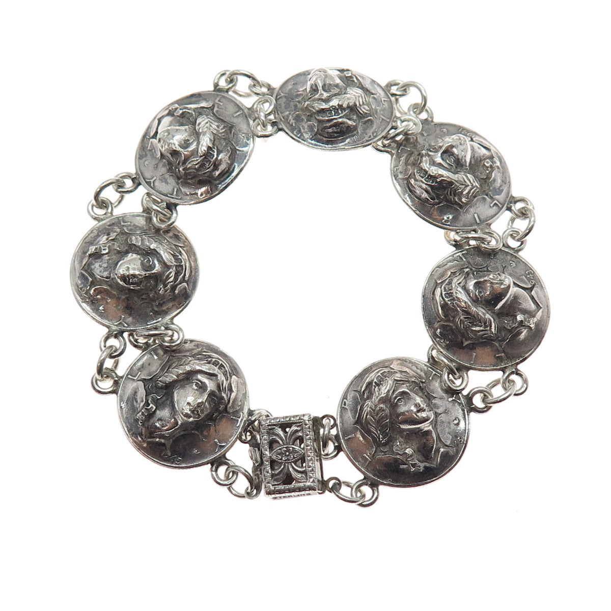 925 & 900 Silver Antique 1916-1945 One Mercury Dime Repousse Coin Bracelet 7.25"