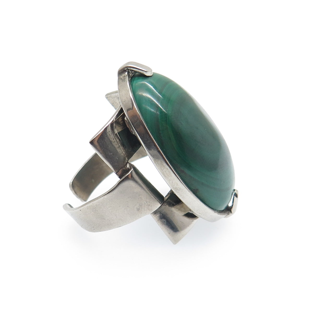 925 Sterling Silver Vintage Real Malachite Oxidized Adjustable Ring Size 8.75